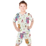 Forest Seamless Pattern With Cute Owls Kids  T-Shirt and Shorts Set