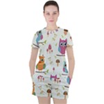 Forest Seamless Pattern With Cute Owls Women s T-Shirt and Shorts Set