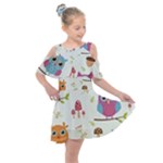 Forest Seamless Pattern With Cute Owls Kids  Shoulder Cutout Chiffon Dress