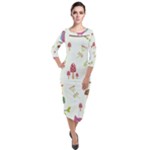 Forest Seamless Pattern With Cute Owls Quarter Sleeve Midi Velour Bodycon Dress