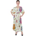 Forest Seamless Pattern With Cute Owls V-Neck Boho Style Maxi Dress