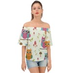 Forest Seamless Pattern With Cute Owls Off Shoulder Short Sleeve Top
