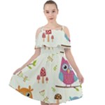 Forest Seamless Pattern With Cute Owls Cut Out Shoulders Chiffon Dress