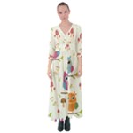 Forest Seamless Pattern With Cute Owls Button Up Maxi Dress