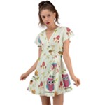 Forest Seamless Pattern With Cute Owls Flutter Sleeve Wrap Dress