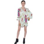 Forest Seamless Pattern With Cute Owls V-Neck Flare Sleeve Mini Dress