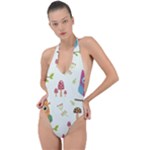 Forest Seamless Pattern With Cute Owls Backless Halter One Piece Swimsuit