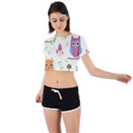Forest Seamless Pattern With Cute Owls Tie Back Short Sleeve Crop T-Shirt