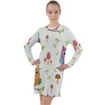 Forest Seamless Pattern With Cute Owls Long Sleeve Hoodie Dress