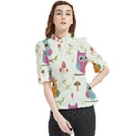 Forest Seamless Pattern With Cute Owls Frill Neck Blouse