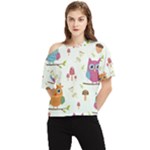 Forest Seamless Pattern With Cute Owls One Shoulder Cut Out T-Shirt
