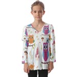 Forest Seamless Pattern With Cute Owls Kids  V Neck Casual Top