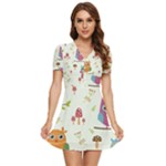 Forest Seamless Pattern With Cute Owls V-Neck High Waist Chiffon Mini Dress