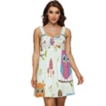Forest Seamless Pattern With Cute Owls Ruffle Strap Babydoll Chiffon Dress