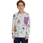Forest Seamless Pattern With Cute Owls Kids  Crewneck Sweatshirt