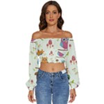 Forest Seamless Pattern With Cute Owls Long Sleeve Crinkled Weave Crop Top