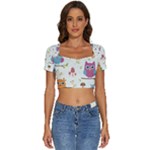 Forest Seamless Pattern With Cute Owls Short Sleeve Square Neckline Crop Top 