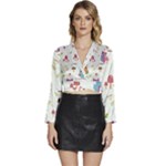 Forest Seamless Pattern With Cute Owls Long Sleeve Tie Back Satin Wrap Top