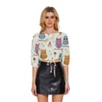 Forest Seamless Pattern With Cute Owls Mid Sleeve Drawstring Hem Top