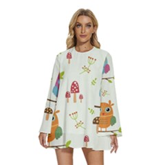 Round Neck Long Sleeve Bohemian Style Chiffon Mini Dress 