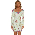 Forest Seamless Pattern With Cute Owls Long Sleeve Square Neck Bodycon Velvet Dress