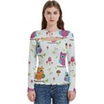 Forest Seamless Pattern With Cute Owls Women s Cut Out Long Sleeve T-Shirt