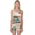 Seamless Pattern Owls Dream Cute Style Pajama Fabric One Piece Boyleg Swimsuit