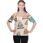 Seamless Pattern Owls Dream Cute Style Pajama Fabric Cutout Shoulder T-Shirt