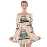 Seamless Pattern Owls Dream Cute Style Pajama Fabric Long Sleeve Skater Dress