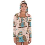 Seamless Pattern Owls Dream Cute Style Pajama Fabric Long Sleeve Hooded T-shirt