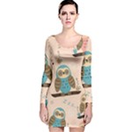Seamless Pattern Owls Dream Cute Style Pajama Fabric Long Sleeve Velvet Bodycon Dress
