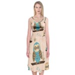 Seamless Pattern Owls Dream Cute Style Pajama Fabric Midi Sleeveless Dress