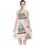 Seamless Pattern Owls Dream Cute Style Pajama Fabric V-Neck Midi Sleeveless Dress 