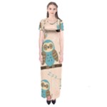 Seamless Pattern Owls Dream Cute Style Pajama Fabric Short Sleeve Maxi Dress