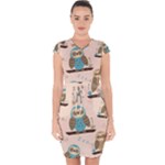 Seamless Pattern Owls Dream Cute Style Pajama Fabric Capsleeve Drawstring Dress 