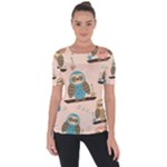 Seamless Pattern Owls Dream Cute Style Pajama Fabric Shoulder Cut Out Short Sleeve Top