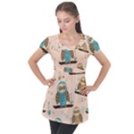 Seamless Pattern Owls Dream Cute Style Pajama Fabric Puff Sleeve Tunic Top