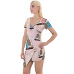 Seamless Pattern Owls Dream Cute Style Pajama Fabric Short Sleeve Asymmetric Mini Dress