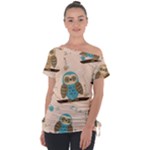 Seamless Pattern Owls Dream Cute Style Pajama Fabric Off Shoulder Tie-Up T-Shirt