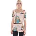 Seamless Pattern Owls Dream Cute Style Pajama Fabric Wide Neckline T-Shirt