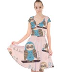 Seamless Pattern Owls Dream Cute Style Pajama Fabric Cap Sleeve Front Wrap Midi Dress