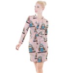 Seamless Pattern Owls Dream Cute Style Pajama Fabric Button Long Sleeve Dress