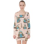 Seamless Pattern Owls Dream Cute Style Pajama Fabric V-neck Bodycon Long Sleeve Dress