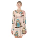 Seamless Pattern Owls Dream Cute Style Pajama Fabric Long Sleeve Velvet V-neck Dress