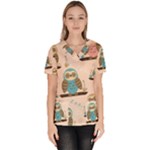 Seamless Pattern Owls Dream Cute Style Pajama Fabric Women s V-Neck Scrub Top