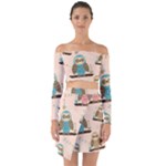 Seamless Pattern Owls Dream Cute Style Pajama Fabric Off Shoulder Top with Skirt Set