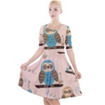 Seamless Pattern Owls Dream Cute Style Pajama Fabric Quarter Sleeve A-Line Dress