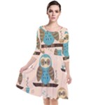 Seamless Pattern Owls Dream Cute Style Pajama Fabric Quarter Sleeve Waist Band Dress