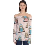 Seamless Pattern Owls Dream Cute Style Pajama Fabric Off Shoulder Long Sleeve Top