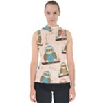 Seamless Pattern Owls Dream Cute Style Pajama Fabric Mock Neck Shell Top